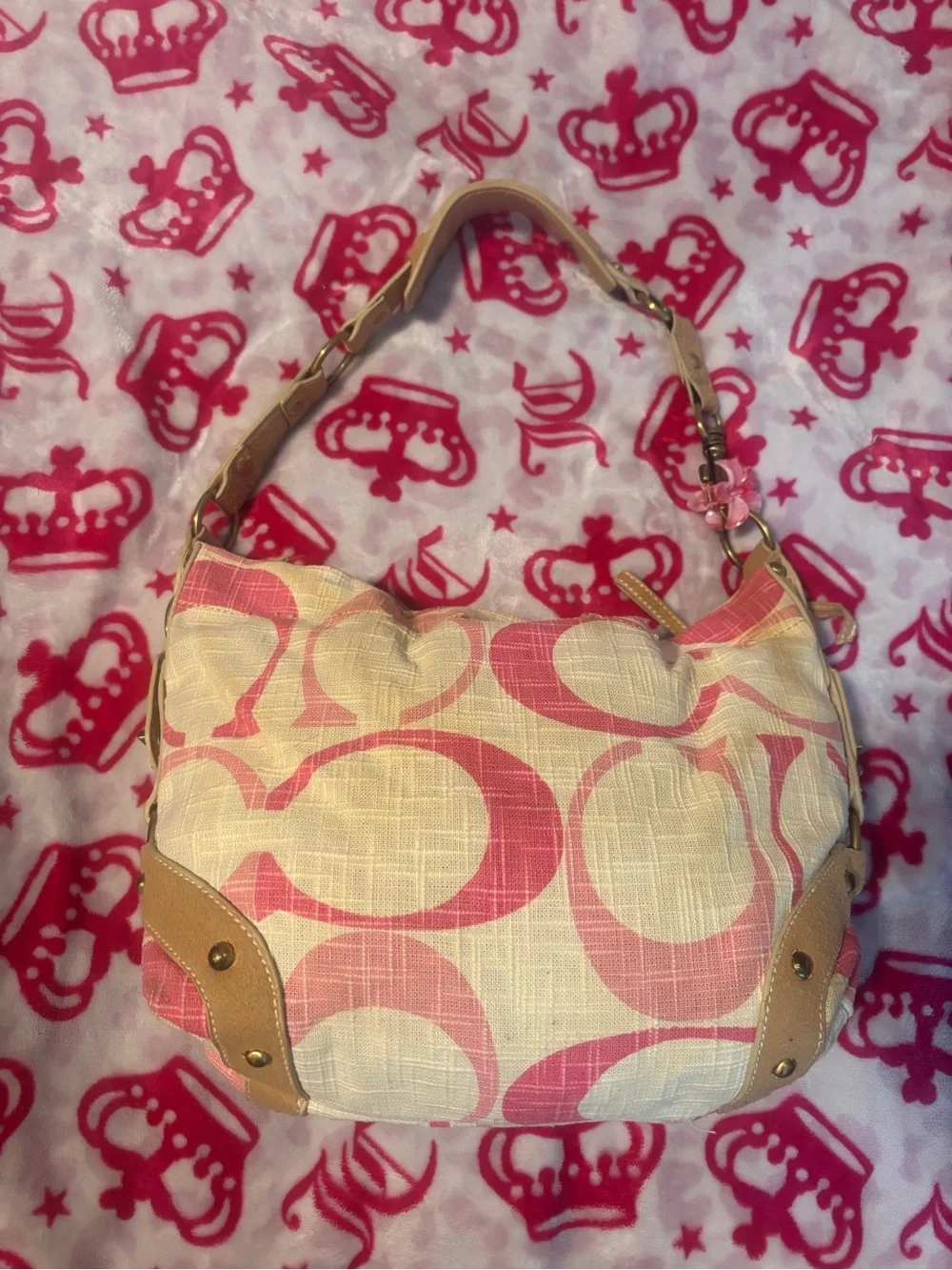 Coach Pink Signature Canvas Shoulder Bag with Tan Trim - Picture 2 of 2